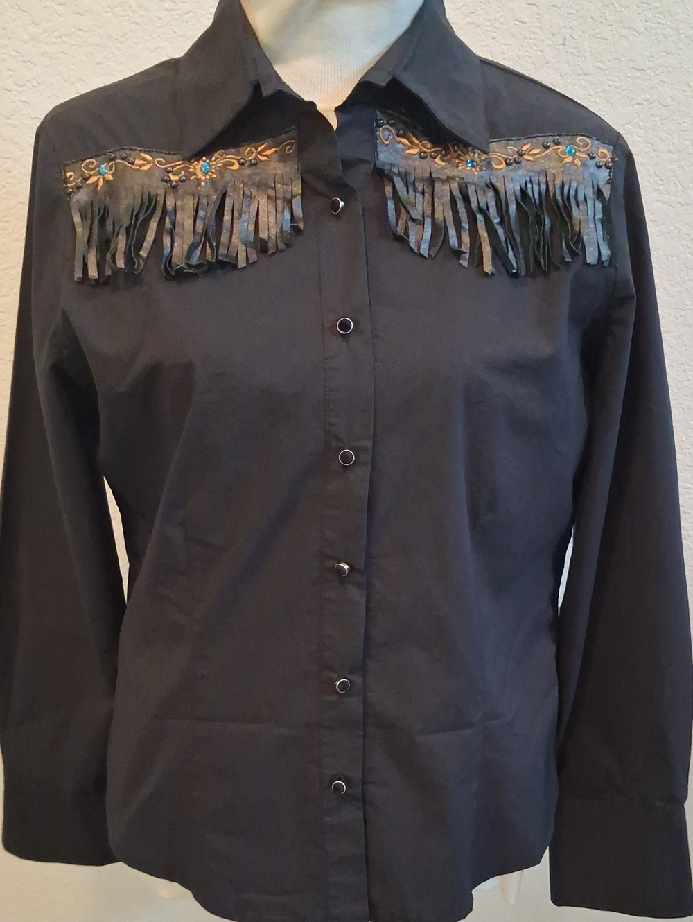 Vintage Brazil Roxx Women’s Black Western Fringe Button Up-Beaded Embroidery(XL)